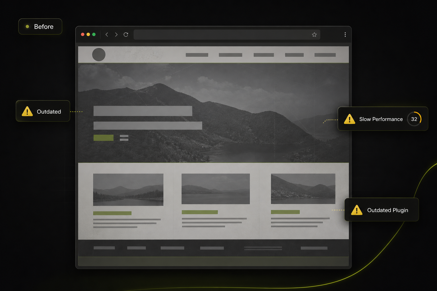 Outdated website page with performance and plugin maintenance warnings
