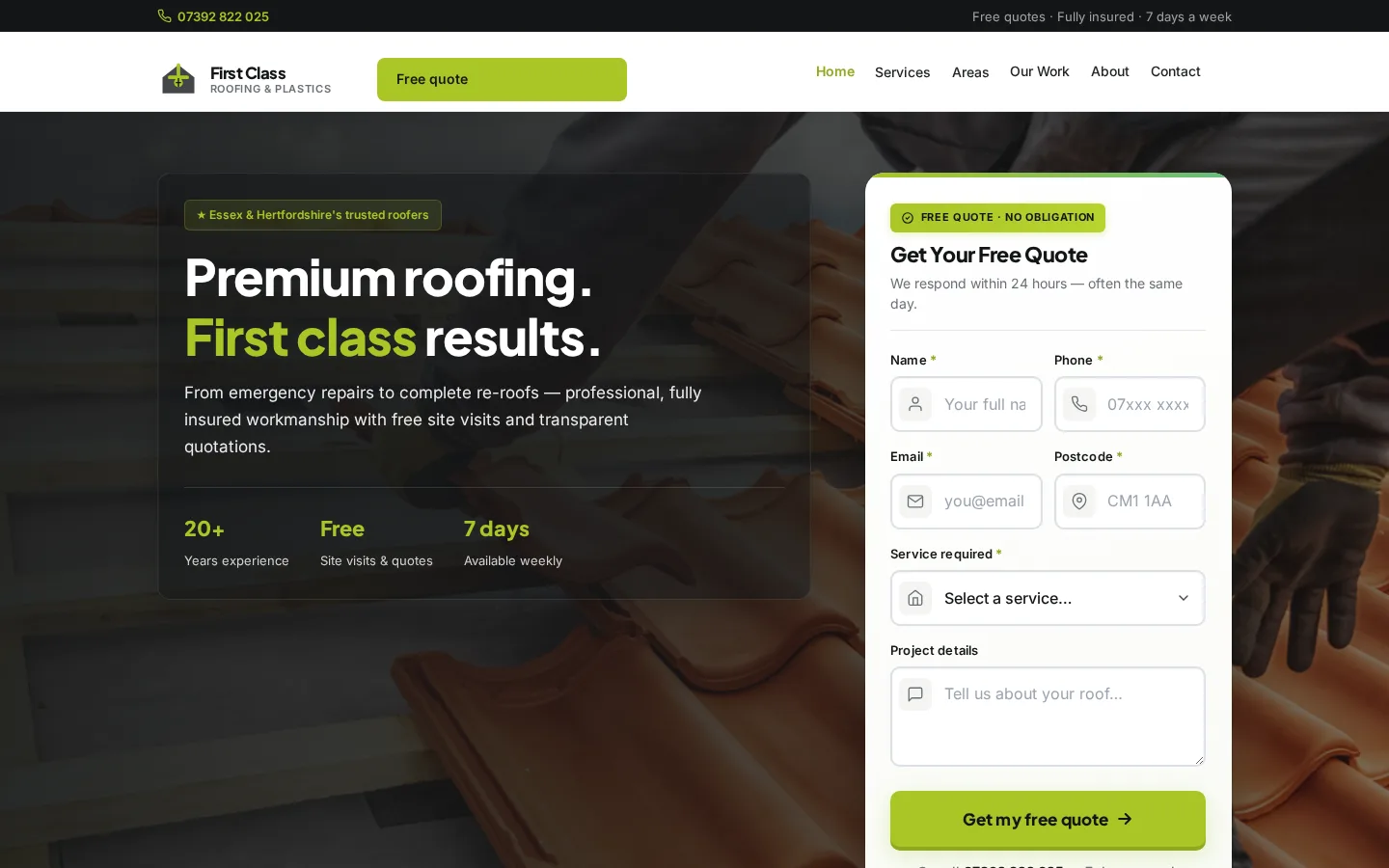 First Class Roofing homepage