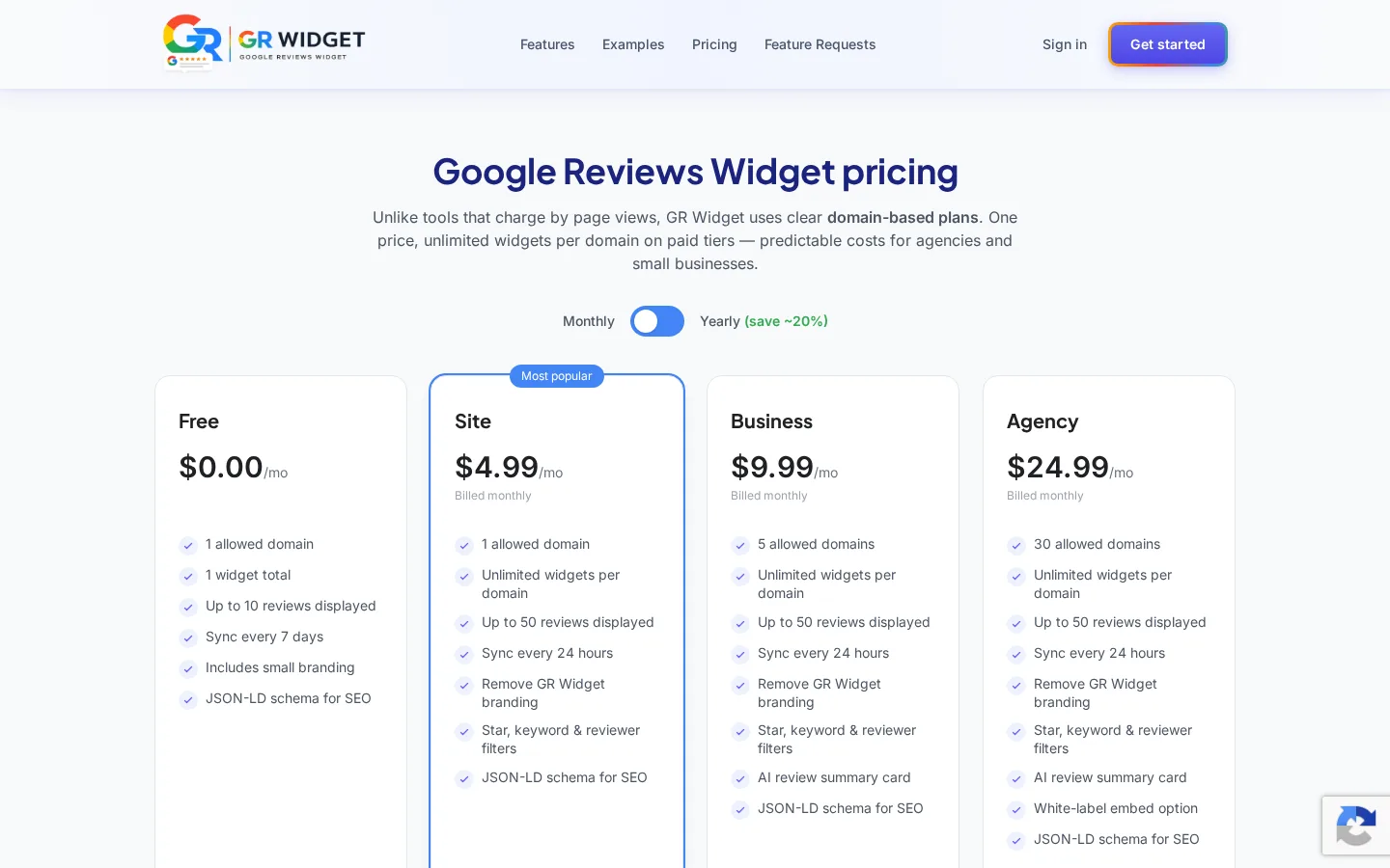 GR Widget pricing page