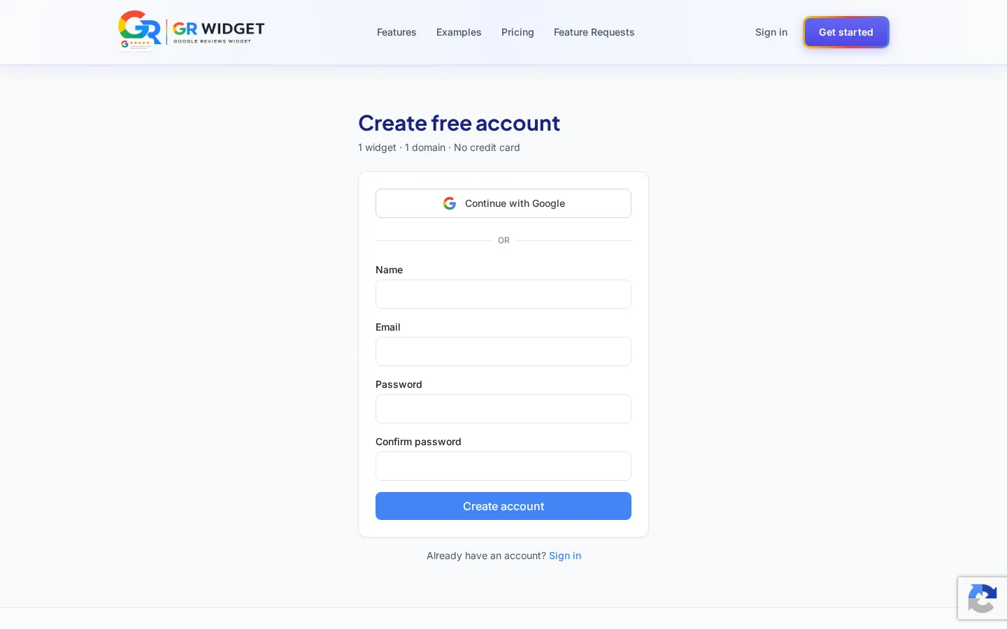 GR Widget registration page
