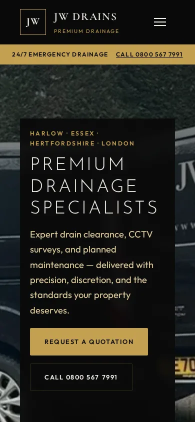 JW Drains mobile homepage